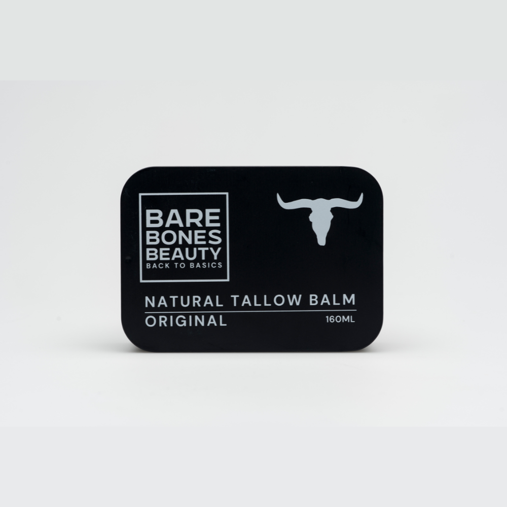 A black rectangular tin labeled “Original Tallow Balm 160mL” from Bare Bones Beauty Australia with a white bull head icon sits on a light background; this balm deeply hydrates and supports the skin barrier.