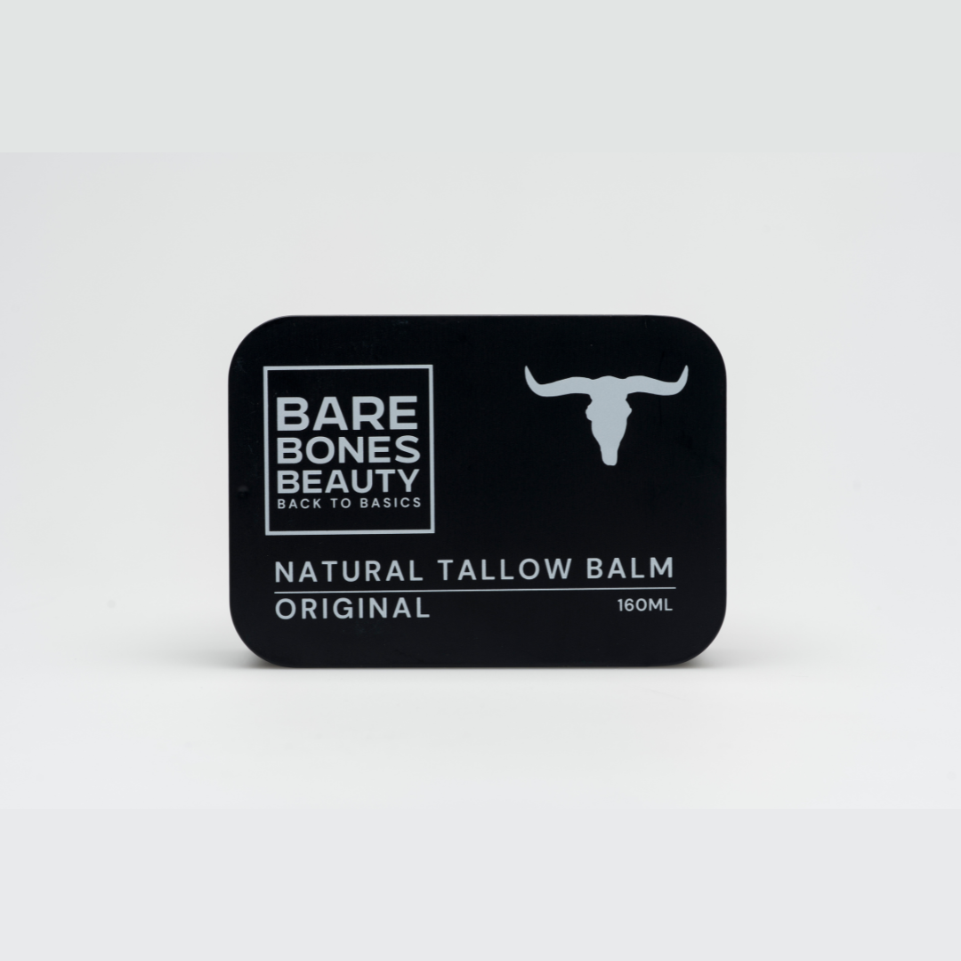 A black rectangular tin labeled “Original Tallow Balm 160mL” from Bare Bones Beauty Australia with a white bull head icon sits on a light background; this balm deeply hydrates and supports the skin barrier.