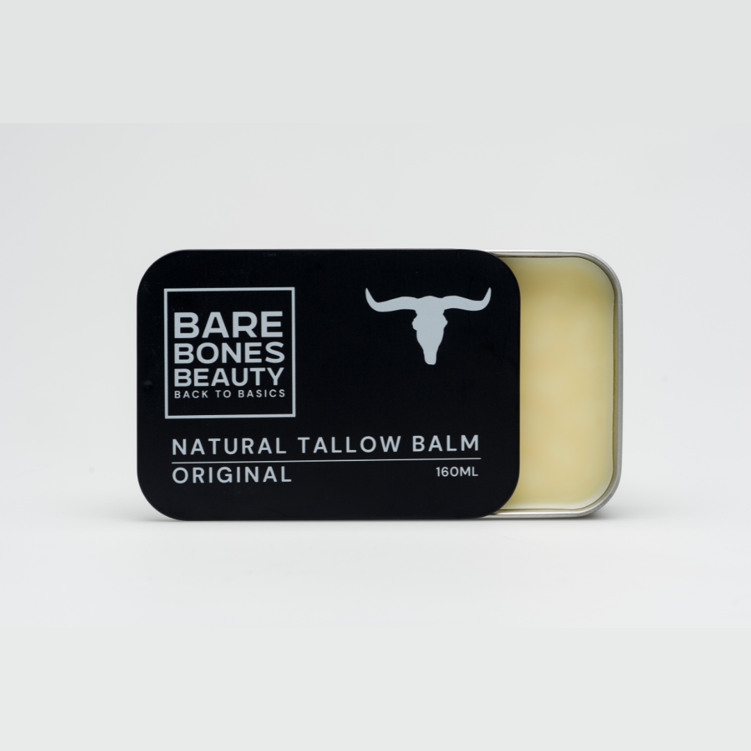 A partially open black rectangular tin labeled "Bare Bones Beauty Australia Original Tallow Balm 160mL" reveals a pale balm inside. The tin features a white bull head graphic and provides deep hydration for the skin barrier.
