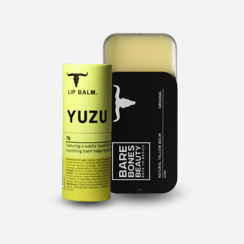 
                  
                    The Bare Bones Beauty Australia Tallow Balm & Lip Balm Bundle includes a lip balm and an open tallow balm tin with a black and white label, both on a white background—ideal essentials for your natural skincare routine.
                  
                