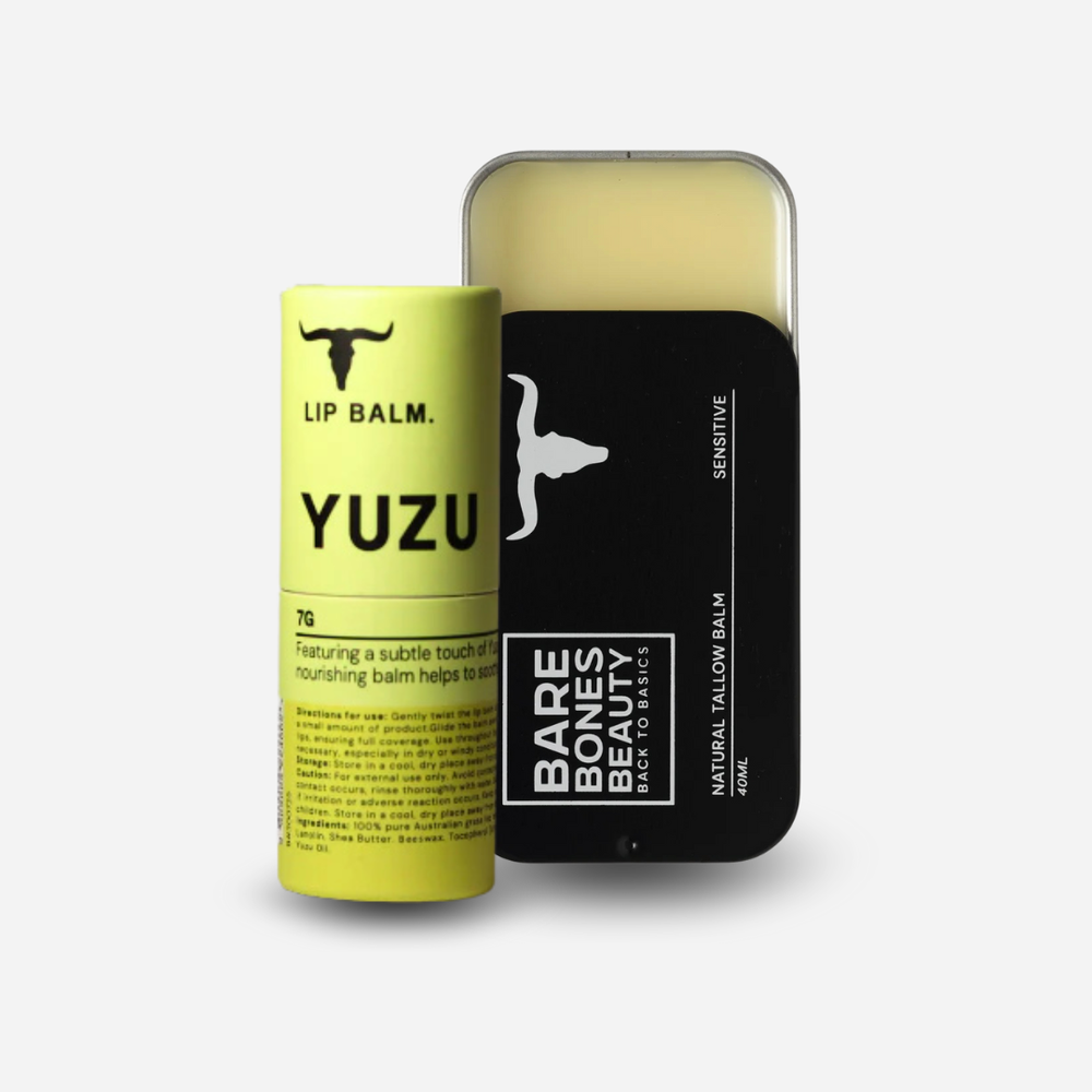 
                  
                    The Tallow Balm & Lip Balm Bundle from Bare Bones Beauty Australia features a yellow tube of lip balm and an open black tin of sensitive organic tallow balm—ideal for natural skincare routines.
                  
                
