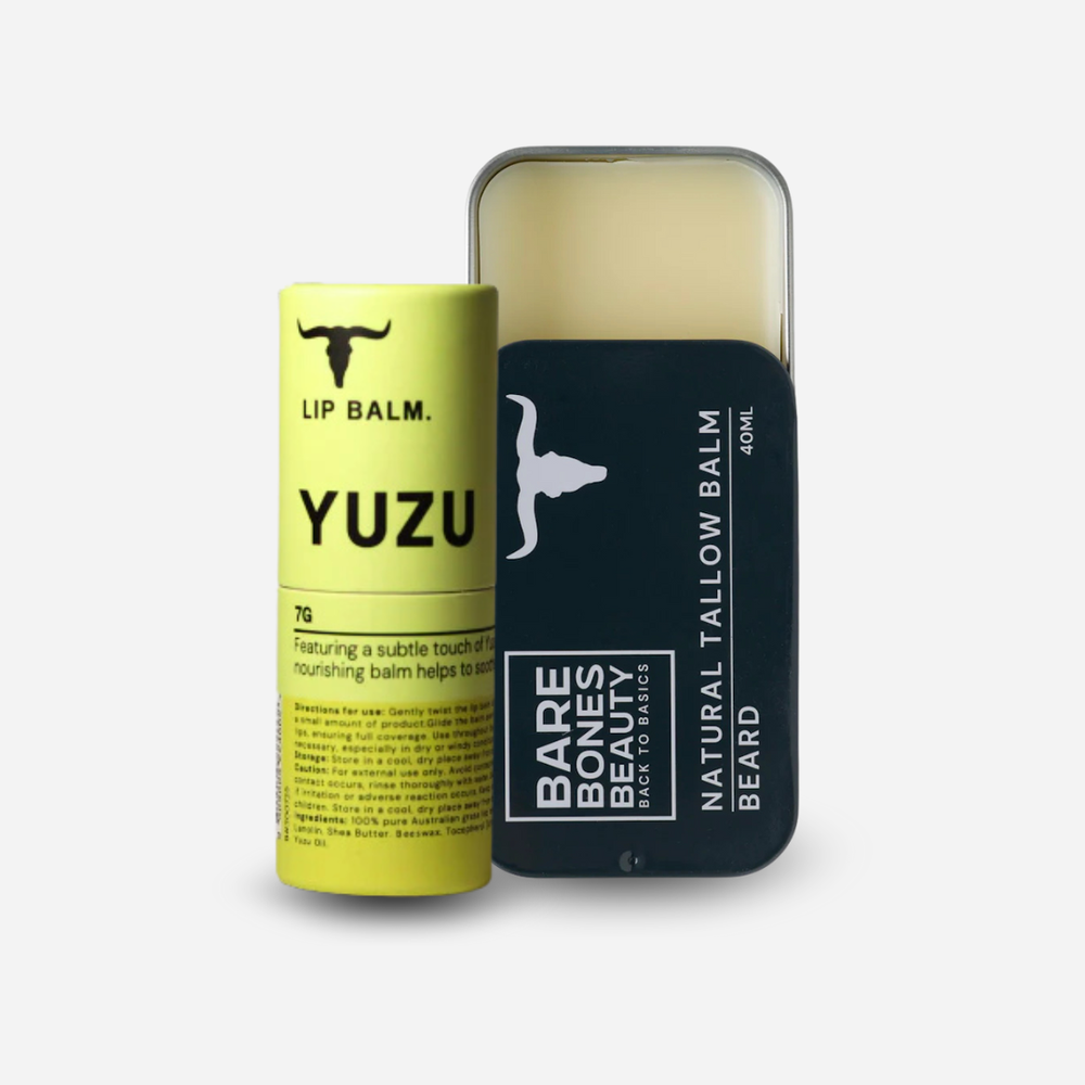 
                  
                    A Bare Bones Beauty Australia Tallow Balm & Lip Balm Bundle is displayed, with the creamy tallow balm tin open and the lip balm alongside. Both natural skincare products feature minimalist black and white labels.
                  
                