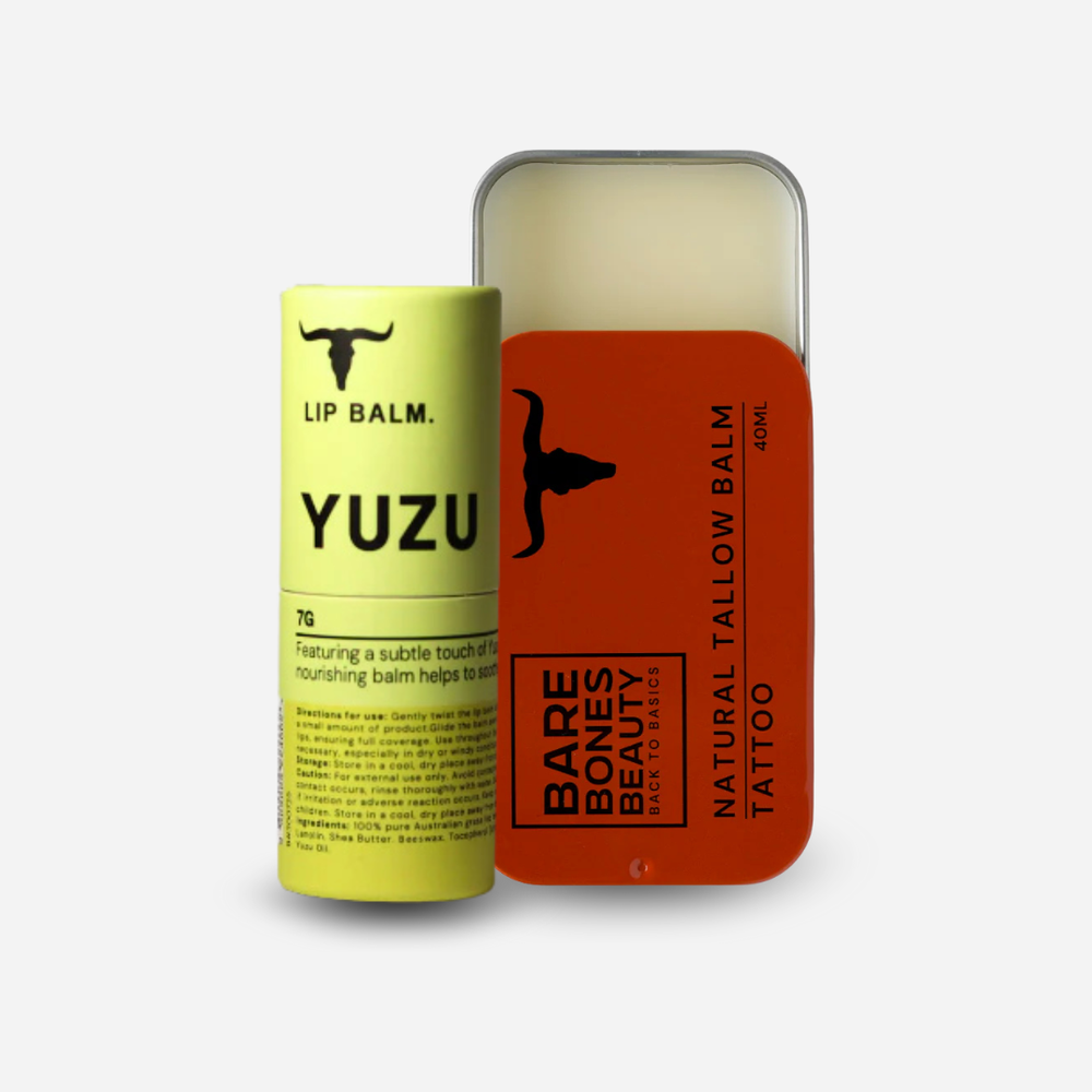 
                  
                    Bare Bones Beauty Australia’s Tallow Balm & Lip Balm Bundle stands upright on a light background, showcasing their dedication to natural skincare.
                  
                