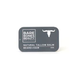 A small rectangular tin labeled "Bare Bones Beauty Australia Beard+Hair Balm, 40ml" features a bull skull on a gray background—perfect as a natural tallow beard balm to promote healthy beard growth.