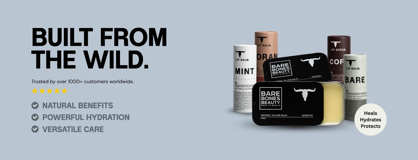 A display of Bare Bones Beauty lip balms and tins in assorted flavors with bold text reading “Built from the wild.” Bullet points highlight natural benefits, hydration, and versatile care. A badge says, “Heals Hydrates Protects.”.