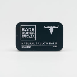 A rectangular black tin labeled "Beard Balm" from Bare Bones Beauty Australia, featuring a white bull head icon, is photographed on a plain white background—crafted with nourishing natural tallow for beard care.
