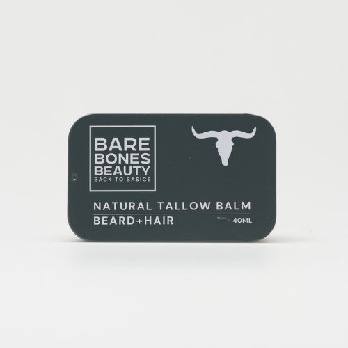 A rectangular black tin of Bare Bones Beauty Australia Beard+Hair Balm, featuring a minimalist bull head icon on a white background—ideal as a natural moisturizer for beard and hair.