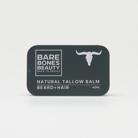 A rectangular black tin of Bare Bones Beauty Australia Beard+Hair Balm, featuring a minimalist bull head icon on a white background—ideal as a natural moisturizer for beard and hair.