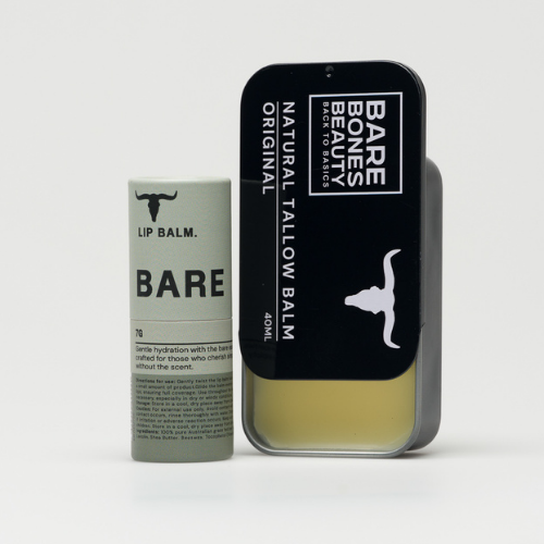 On a plain white background, the Bare Bones Beauty Australia Tallow Balm & Lip Balm Bundle is displayed: a green lip balm tube beside a black tallow balm tin, showcasing this natural skincare duo.