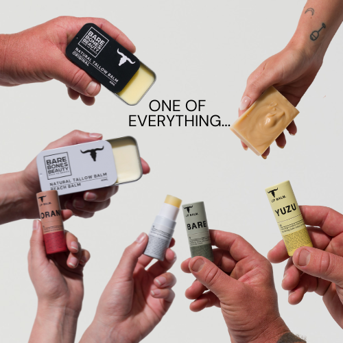 Six hands hold Bare Bones Beauty Australia’s EVERY SINGLE BONE – Bundle—including tins, sticks, a block, and a lip balm bundle—against a plain white background. In the center, text reads: “ONE OF EVERYTHING…”.
