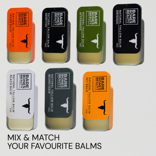 Seven rectangular tins of Bare Bones Beauty Australia Dynamic Duo Pack balms in assorted scents and colors are arranged in two rows above the text "MIX & MATCH YOUR FAVOURITE BALMS" on a light background—a versatile skincare pack.