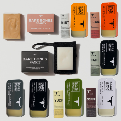 A flat lay of Bare Bones Beauty Australia’s EVERY SINGLE BONE – Bundle features bar soaps, a lip balm bundle, beard care essentials, and a knitted soap pouch in minimalist packaging with neutral, orange, green, black, and yellow tones.