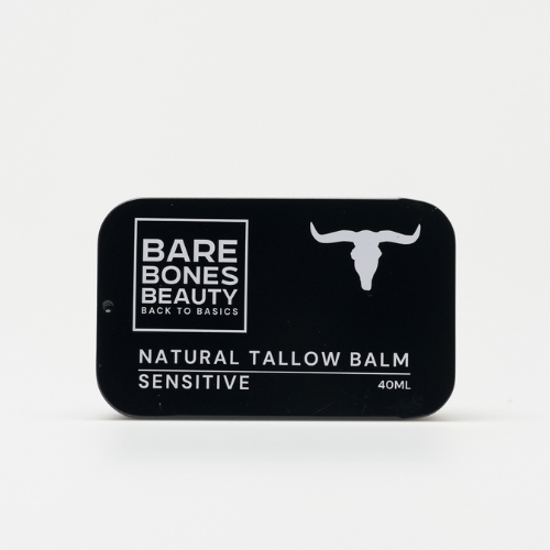 A black rectangular tin labeled "Bare Bones Beauty Australia" with a white bull skull contains Sensitive Tallow Balm 40mL for sensitive skin and deep hydration, displayed on a plain white background.