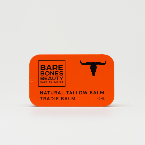 A rectangular orange tin, "Tradie Balm" by Bare Bones Beauty Australia, features a black bull head and minimalist design—perfect as a hydrating hand balm for cracked skin repair.