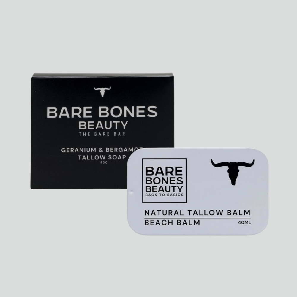 The Bare Bones Beauty Australia Soap & Balm Bundle, featuring a Geranium & Bergamot Tallow Soap and Natural Tallow Balm in a tin—both with a bull head logo—is ideal for your routine, especially when paired with their exfoliating bag.
