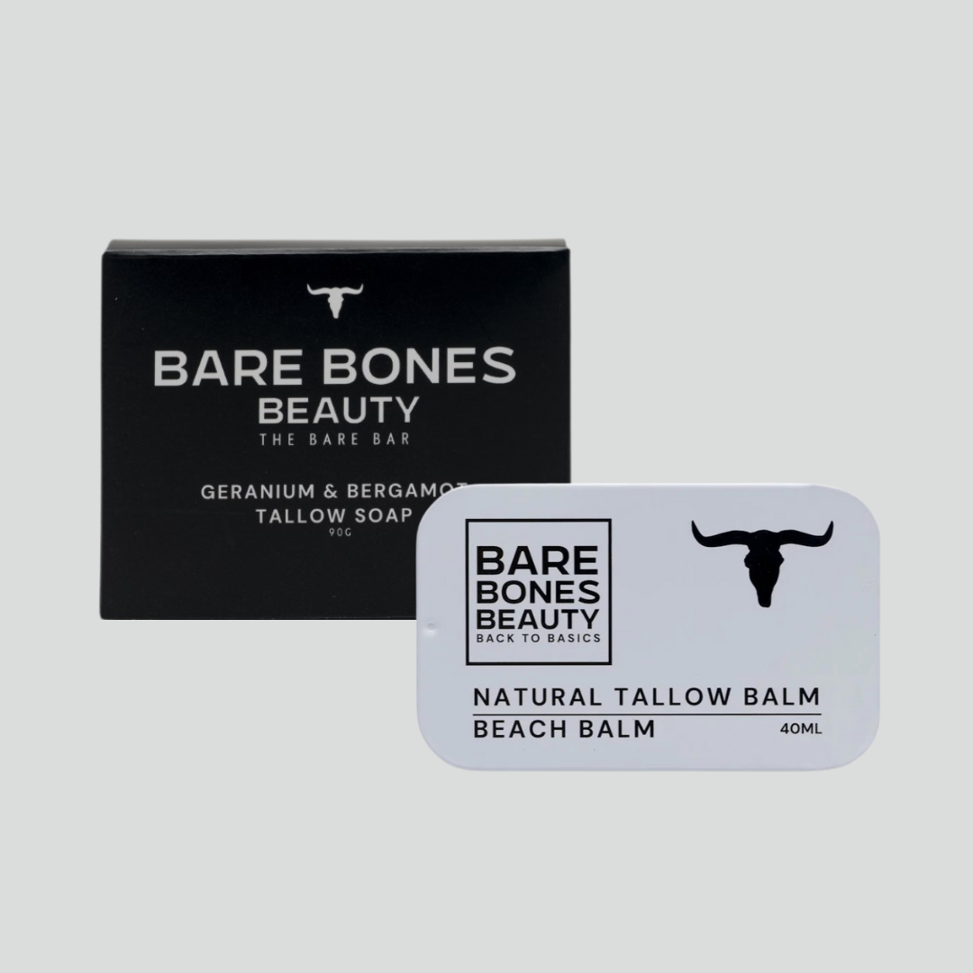 The Bare Bones Beauty Australia Soap & Balm Bundle, featuring a Geranium & Bergamot Tallow Soap and Natural Tallow Balm in a tin—both with a bull head logo—is ideal for your routine, especially when paired with their exfoliating bag.