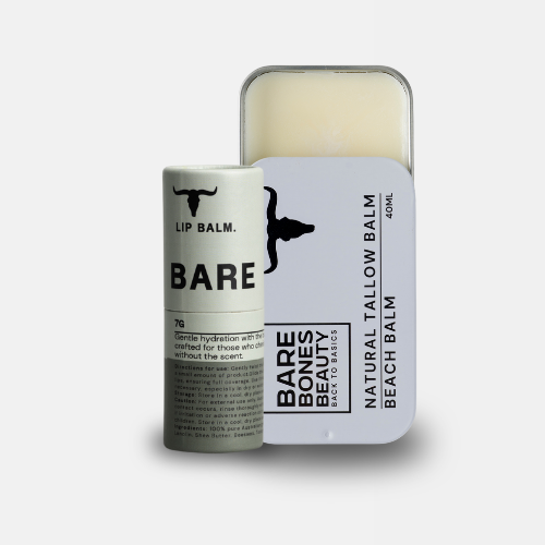 
                  
                    The Tallow Balm & Lip Balm Bundle from Bare Bones Beauty Australia, ideal for natural skin care, is displayed against a plain white background.
                  
                
