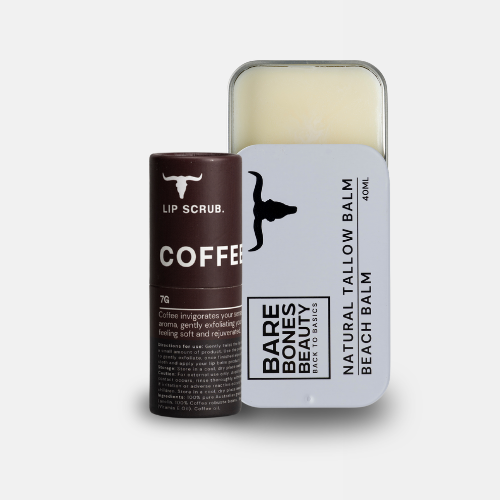 
                  
                    The Tallow Balm & Lip Balm Bundle from Bare Bones Beauty Australia features a brown "COFFEE Lip Scrub" tube beside a rectangular tin of organic tallow balm, its lid ajar to reveal the nourishing solid balm inside.
                  
                