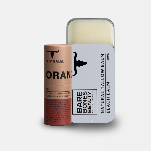 
                  
                    The Bare Bones Beauty Australia Tallow Balm & Lip Balm Bundle includes a cylindrical orange lip balm and a rectangular metal tin, both featuring cow head logos and dedicated to natural skin care.
                  
                