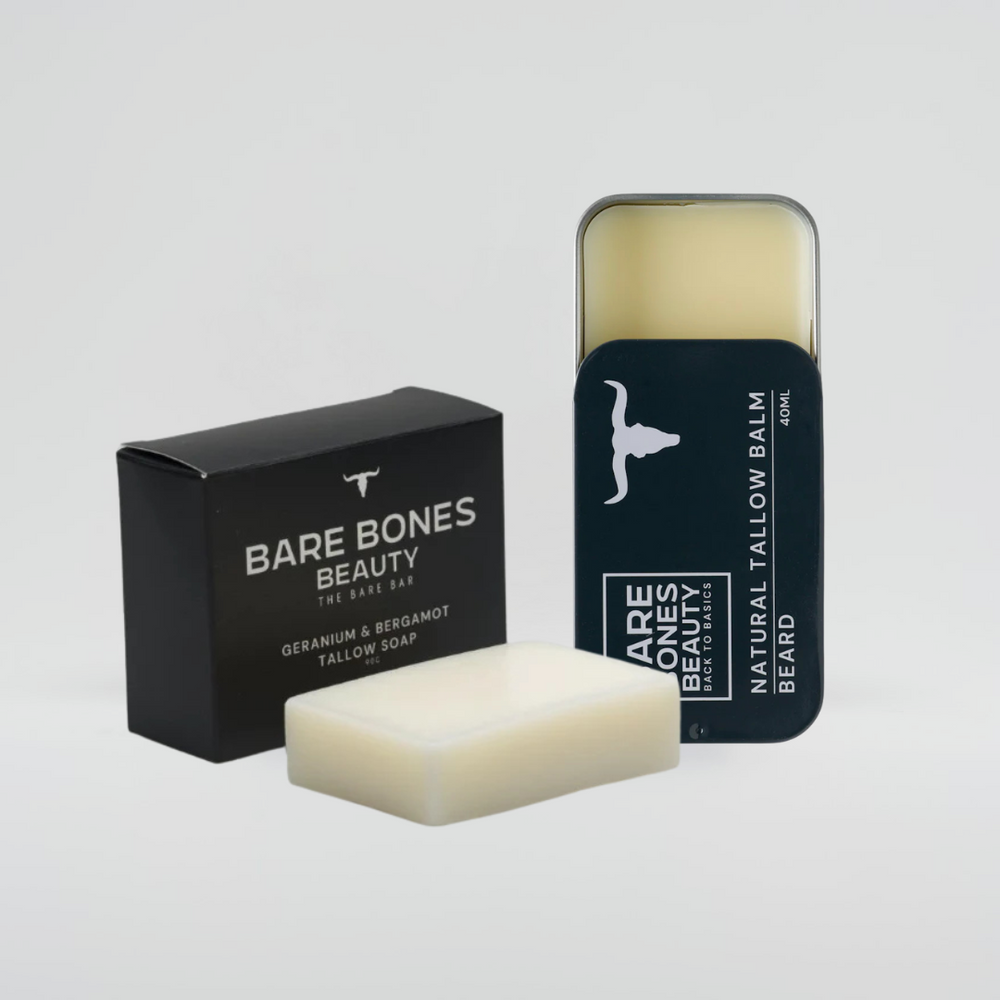 
                  
                    The Soap & Balm Bundle by Bare Bones Beauty Australia features a rectangular tallow soap in a black box labeled "Geranium & Bergamot" and a metal tin of Natural Lip Balm Beard, with the balm partially visible.
                  
                