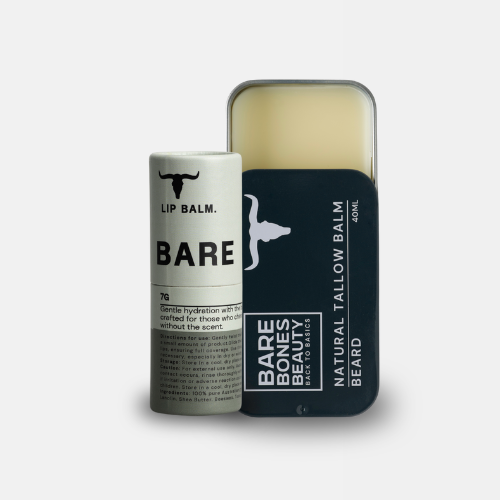 
                  
                    The Tallow Balm & Lip Balm Bundle from Bare Bones Beauty Australia features simple black and white packaging—ideal for those who appreciate natural skincare.
                  
                