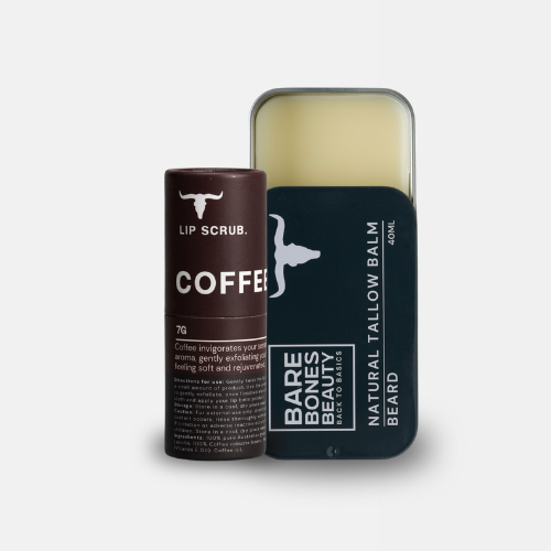 
                  
                    A Tallow Balm & Lip Balm Bundle from Bare Bones Beauty Australia features a brown lip balm tube and a rectangular tin of tallow balm with its lid partially open, showcasing natural skincare products.
                  
                