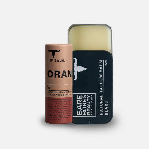 
                  
                    The Tallow Balm & Lip Balm Bundle from Bare Bones Beauty Australia features an orange lip balm in a bronze tube and an open tin of tallow balm, both part of their natural skin care collection.
                  
                