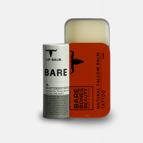 
                  
                    The Tallow Balm & Lip Balm Bundle from Bare Bones Beauty Australia features minimalist black text on a white tube and orange tin—ideal for anyone seeking natural skincare.
                  
                